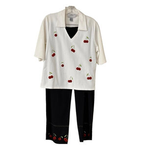 Mia Nola Top Size L and Crop Pants Size M with Cherry Embroidery
